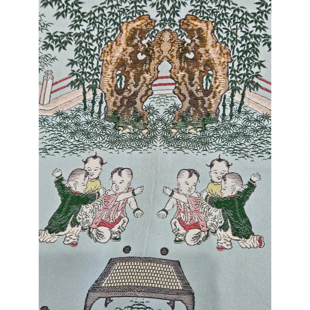 RARE VTG Brocaded Scenic Silk Chinese Tapestry Tablecloth Turquoise Fringe 55x38
